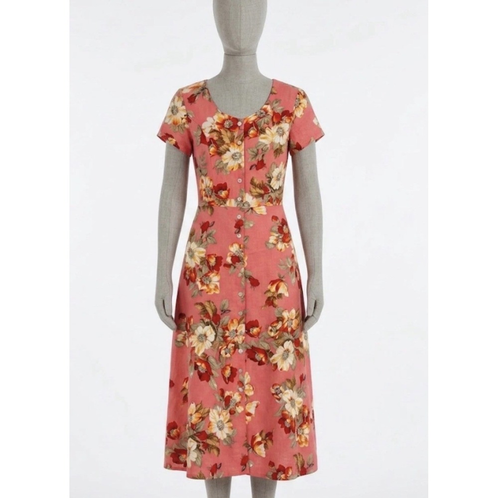 Vintage 90s Floral Linen Blend Midi Dress Cottagecore Retro Sun Dress Sz 10